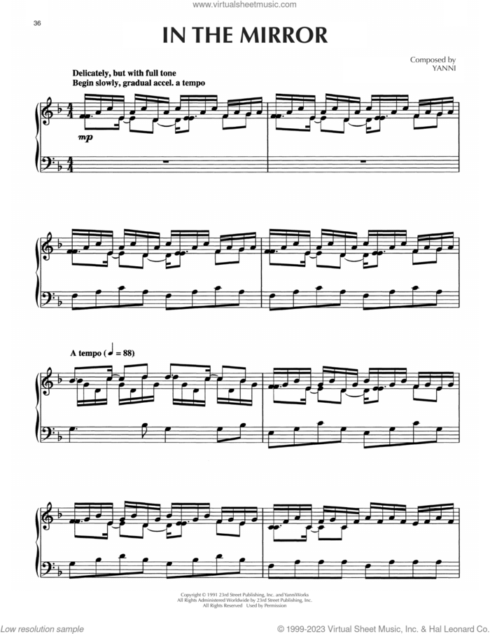 In The Mirror sheet music for piano solo by Yanni, intermediate skill level