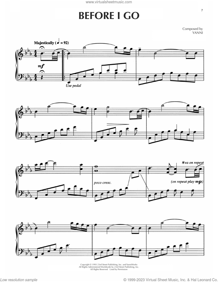 Before I Go sheet music for piano solo by Yanni, intermediate skill level