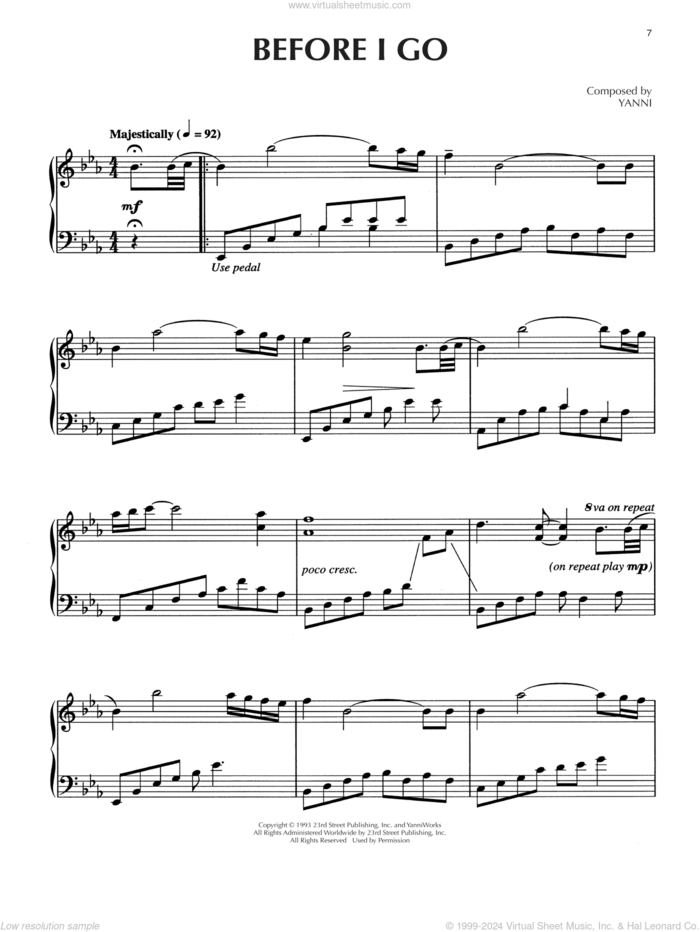 Before I Go sheet music for piano solo by Yanni, intermediate skill level