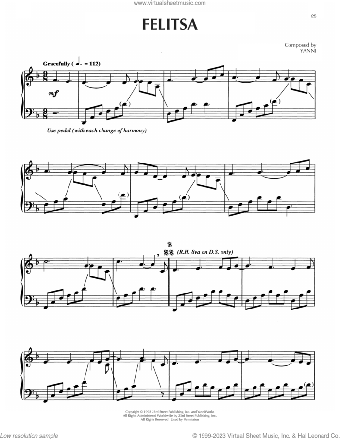 Felitsa sheet music for piano solo by Yanni, intermediate skill level