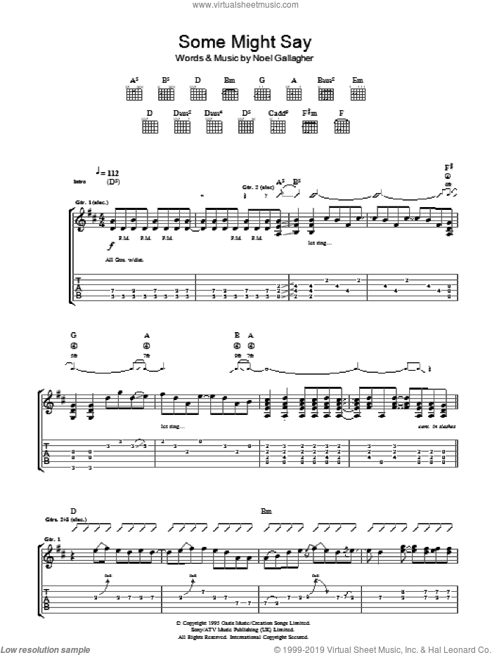 Some Might Say sheet music for guitar (tablature) by Oasis and Noel Gallagher, intermediate skill level