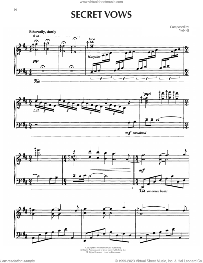 Secret Vows sheet music for piano solo by Yanni, intermediate skill level