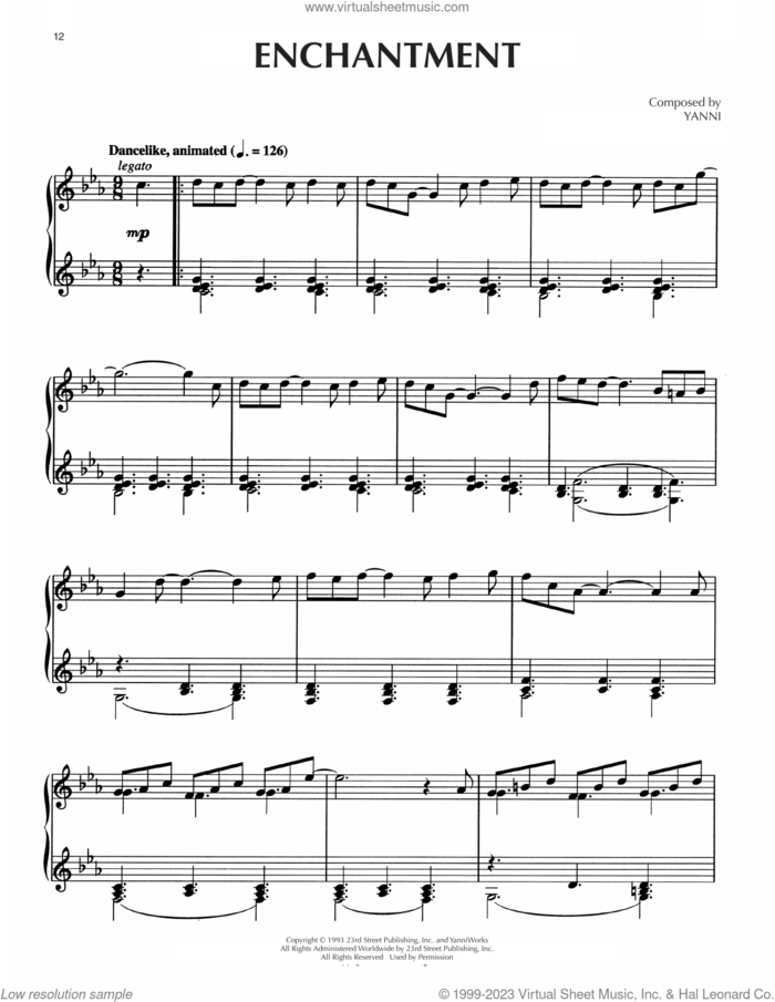 Enchantment sheet music for piano solo by Yanni, intermediate skill level