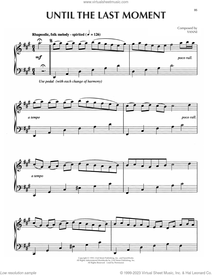 Until The Last Moment sheet music for piano solo by Yanni, intermediate skill level