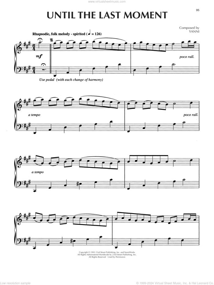 Until The Last Moment sheet music for piano solo by Yanni, intermediate skill level