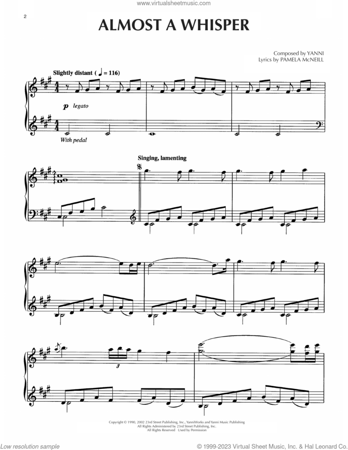 Almost A Whisper sheet music for piano solo by Yanni and Pamela McNeill, intermediate skill level