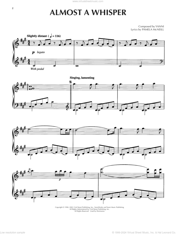 Almost A Whisper sheet music for piano solo by Yanni and Pamela McNeill, intermediate skill level