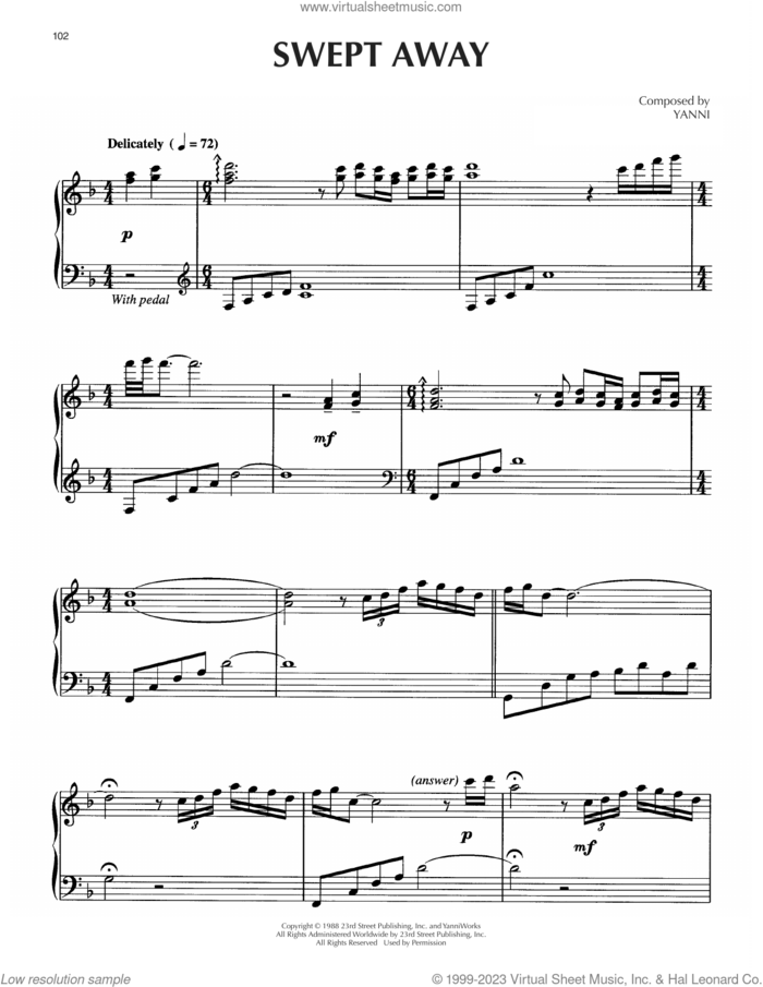 Swept Away sheet music for piano solo by Yanni, intermediate skill level