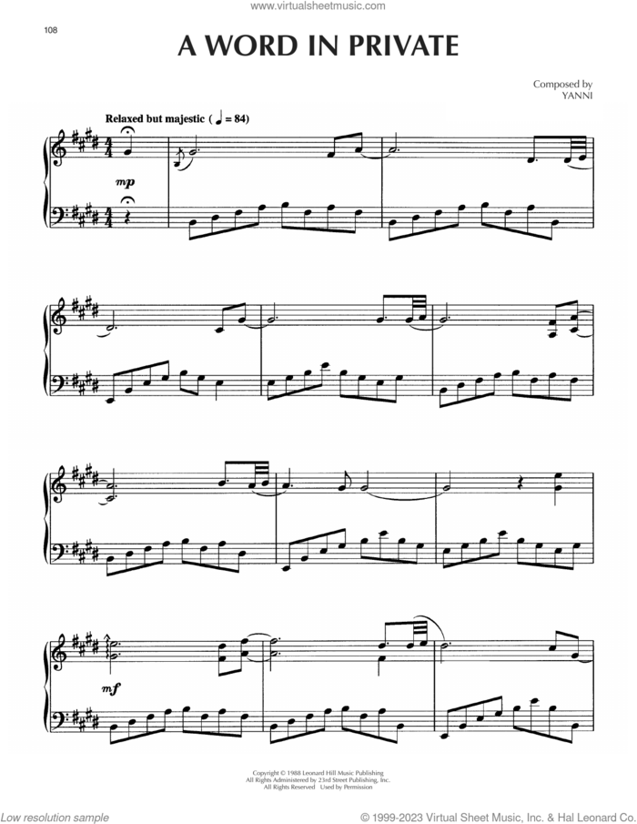 A Word In Private sheet music for piano solo by Yanni, intermediate skill level