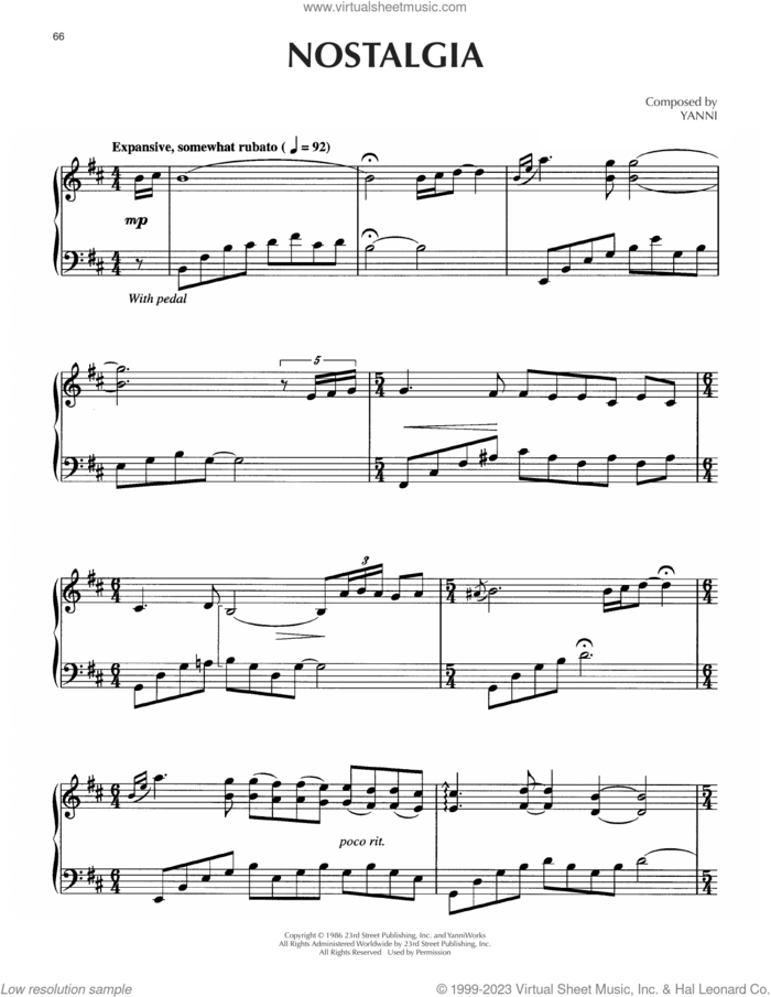 Nostalgia sheet music for piano solo by Yanni, intermediate skill level