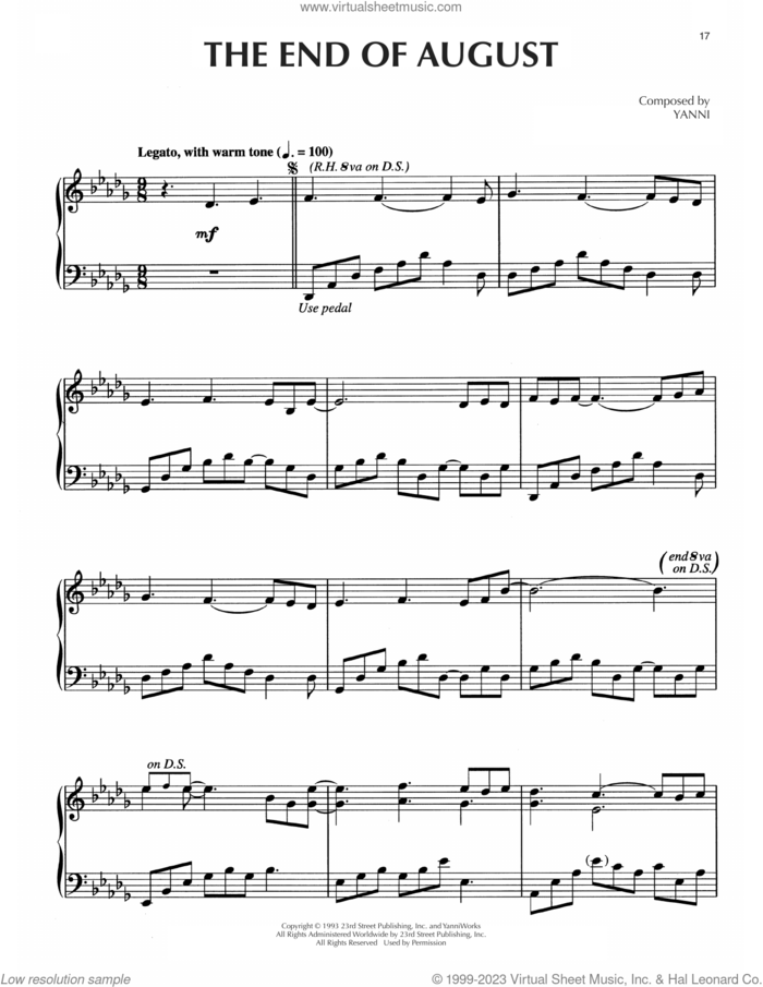The End Of August sheet music for piano solo by Yanni, intermediate skill level