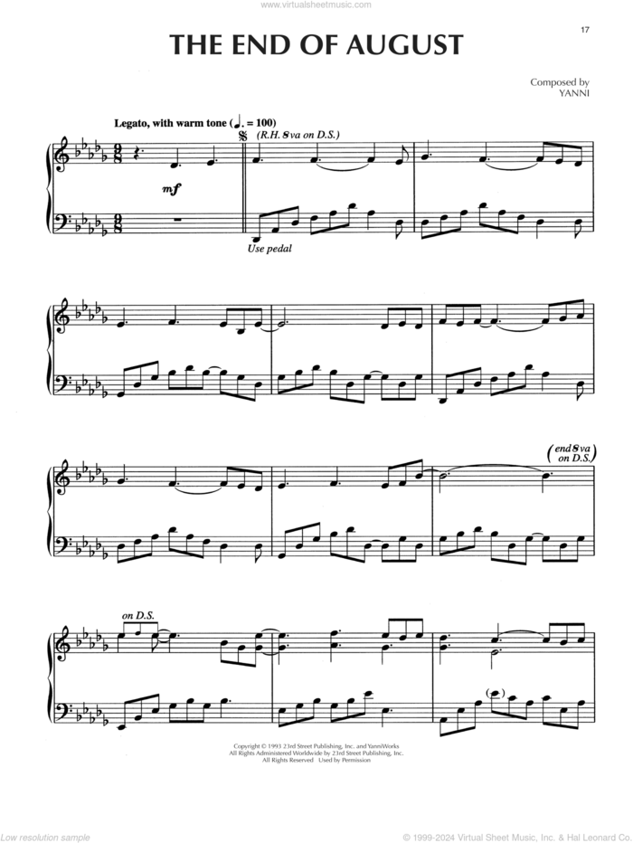 The End Of August sheet music for piano solo by Yanni, intermediate skill level