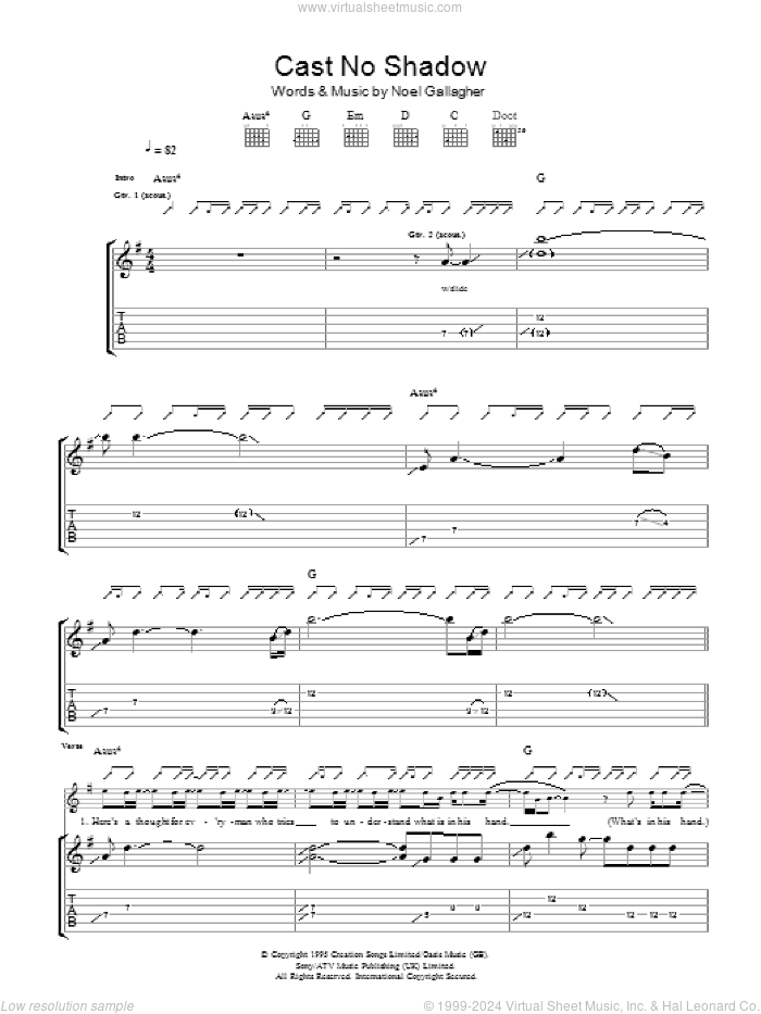Cast No Shadow sheet music for guitar (tablature) by Oasis and Noel Gallagher, intermediate skill level