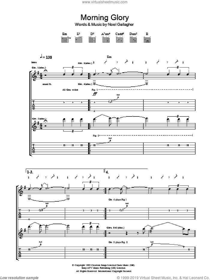 Morning Glory sheet music for guitar (tablature) by Oasis and Noel Gallagher, intermediate skill level