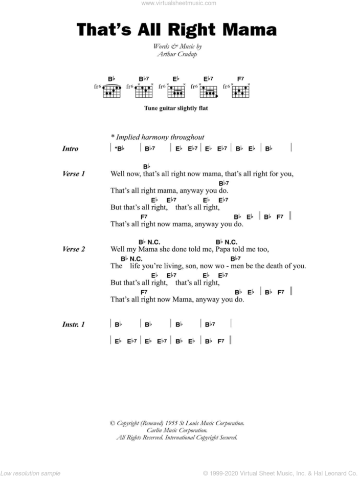 That's All Right Mama sheet music for guitar (chords) by Arthur Crudup, intermediate skill level