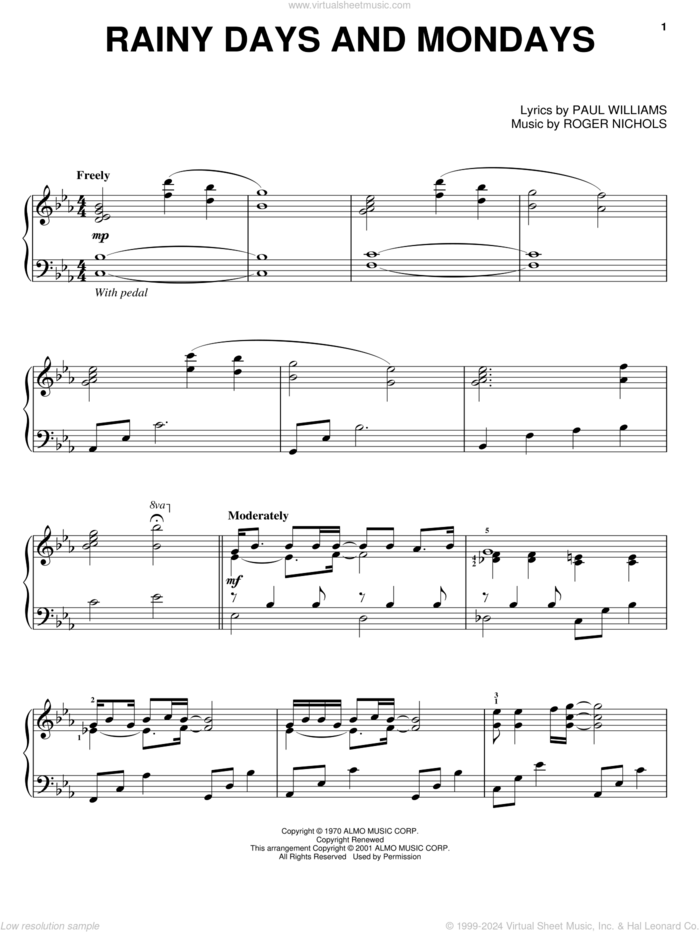 Rainy Days And Mondays sheet music for piano solo by Carpenters, Paul Williams and Roger Nichols, intermediate skill level