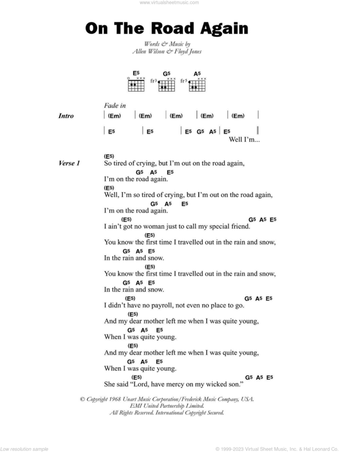 On The Road Again sheet music for guitar (chords) by Canned Heat, Alan Wilson and Floyd Jones, intermediate skill level