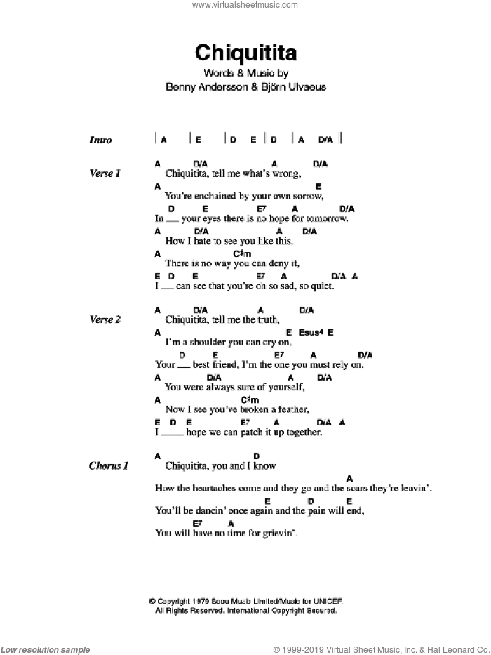 Chiquitita sheet music for guitar (chords) by ABBA, Benny Andersson and Bjorn Ulvaeus, intermediate skill level