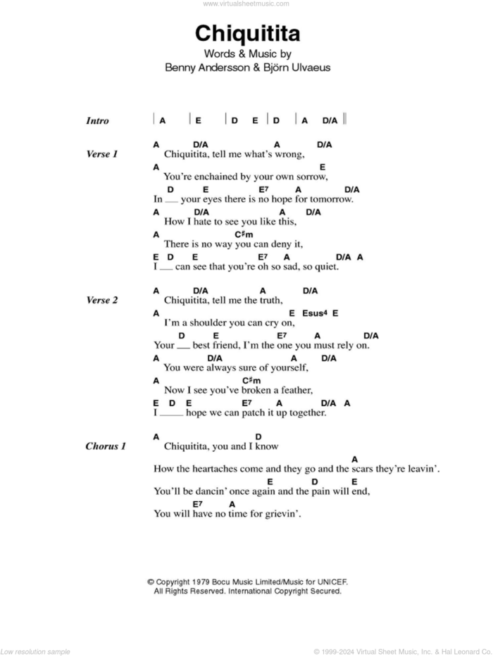 Chiquitita sheet music for guitar (chords) by ABBA, Benny Andersson and Bjorn Ulvaeus, intermediate skill level