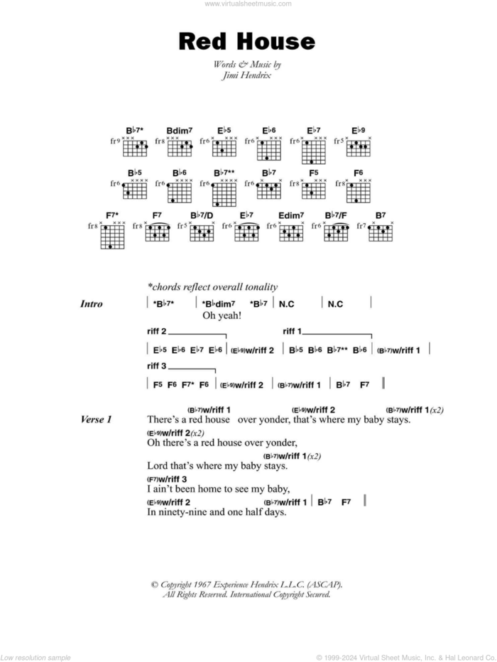 Red House sheet music for guitar (chords) by Jimi Hendrix, intermediate skill level