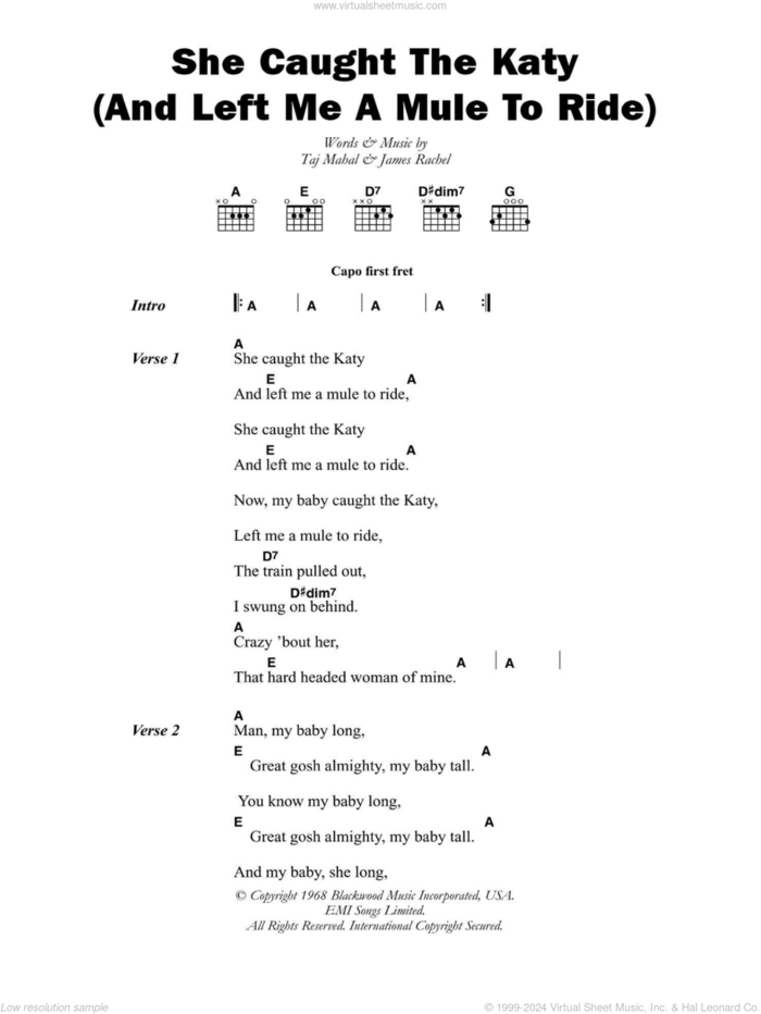 She Caught The Katy (And Left Me A Mule To Ride) sheet music for guitar (chords) by Taj Mahal and James Rachel, intermediate skill level