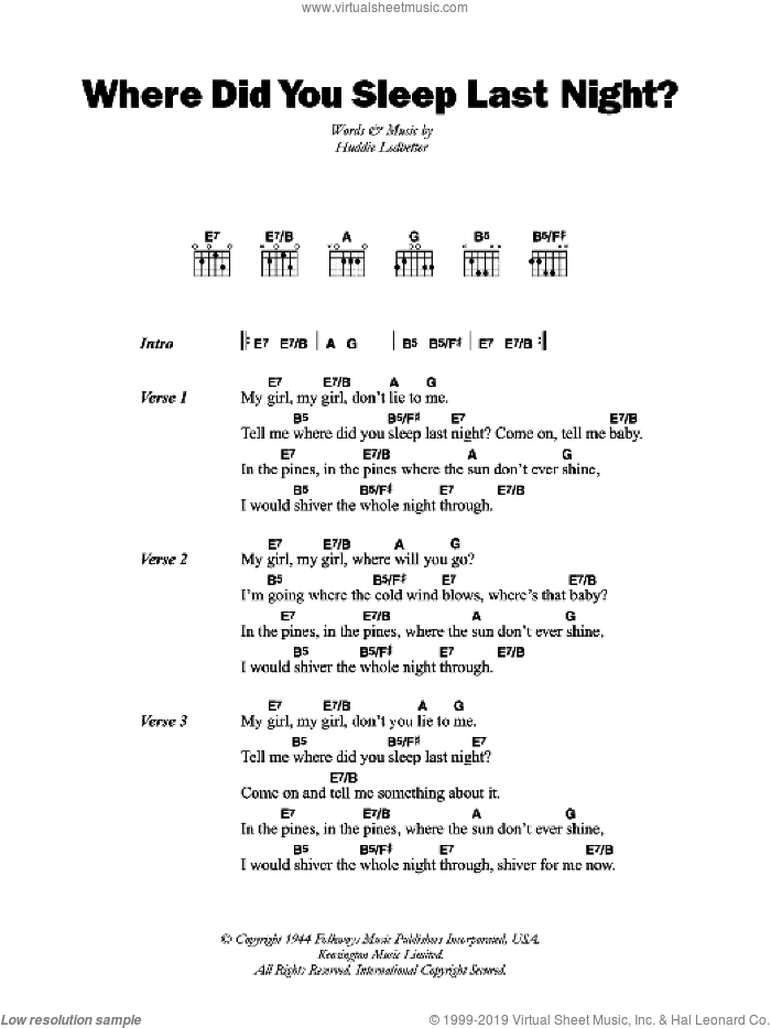 Where Did You Sleep Last Night sheet music for guitar (chords) by Lead Belly and Huddie Ledbetter, intermediate skill level