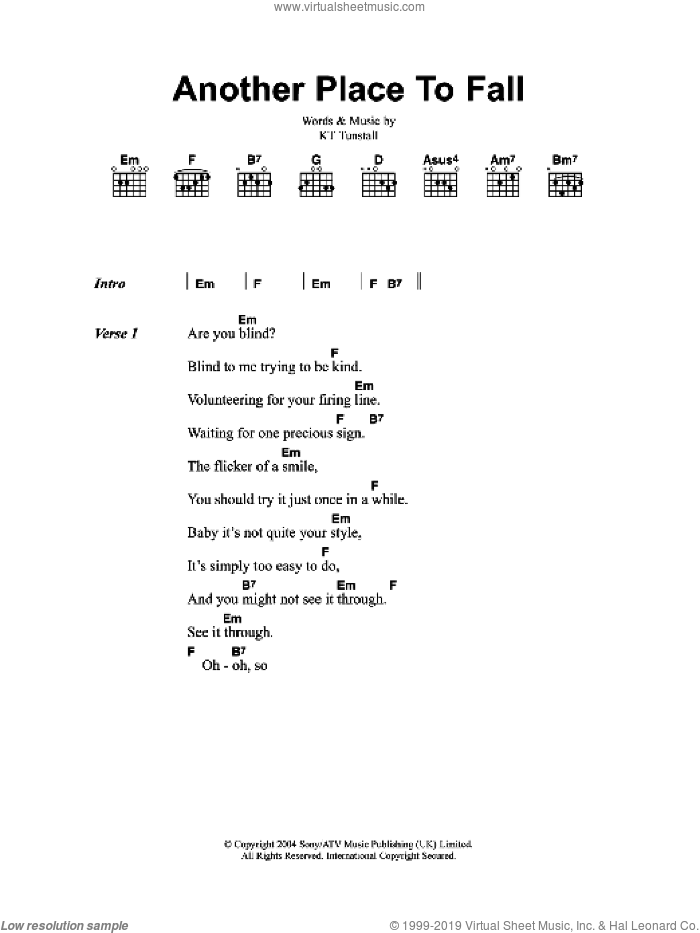 Another Place To Fall sheet music for guitar (chords) by KT Tunstall, intermediate skill level