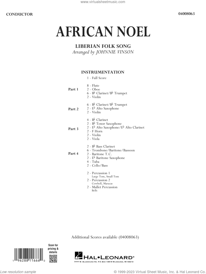 African Noel (arr. Johnnie Vinson) (COMPLETE) sheet music for concert band by Johnnie Vinson and Liberian Folk Song, intermediate skill level