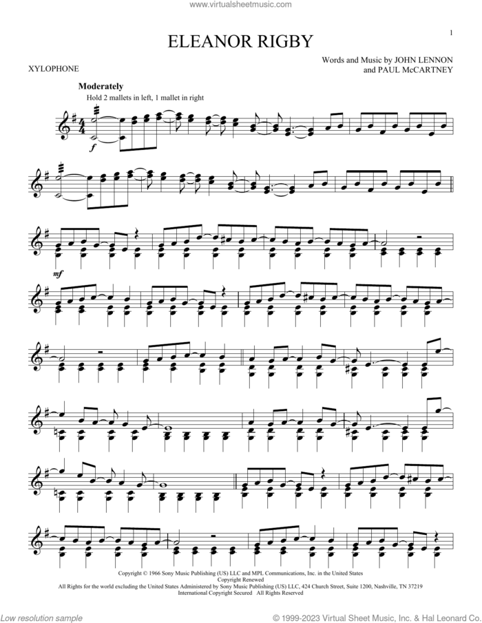 Eleanor Rigby sheet music for Xylophone Solo (xilofone, xilofono, silofono) by The Beatles, John Lennon and Paul McCartney, intermediate skill level