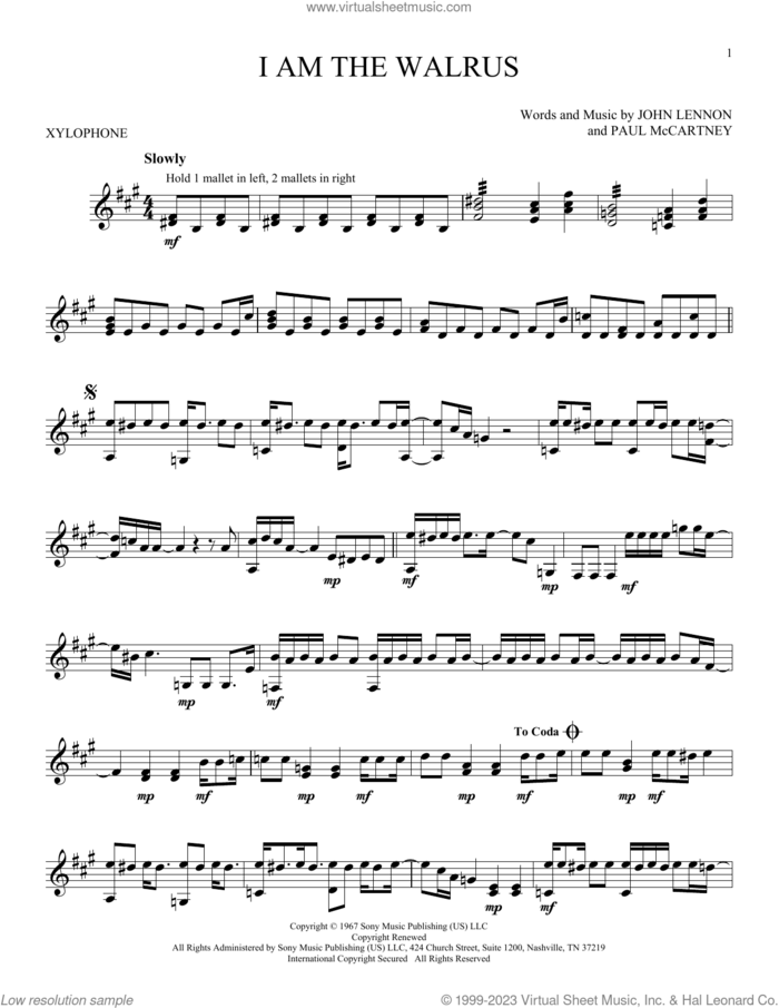 I Am The Walrus sheet music for Xylophone Solo (xilofone, xilofono, silofono) by The Beatles, John Lennon and Paul McCartney, intermediate skill level