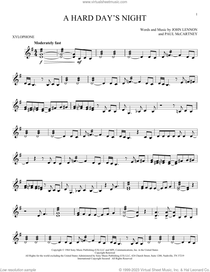 A Hard Day's Night sheet music for Xylophone Solo (xilofone, xilofono, silofono) by The Beatles, John Lennon and Paul McCartney, intermediate skill level