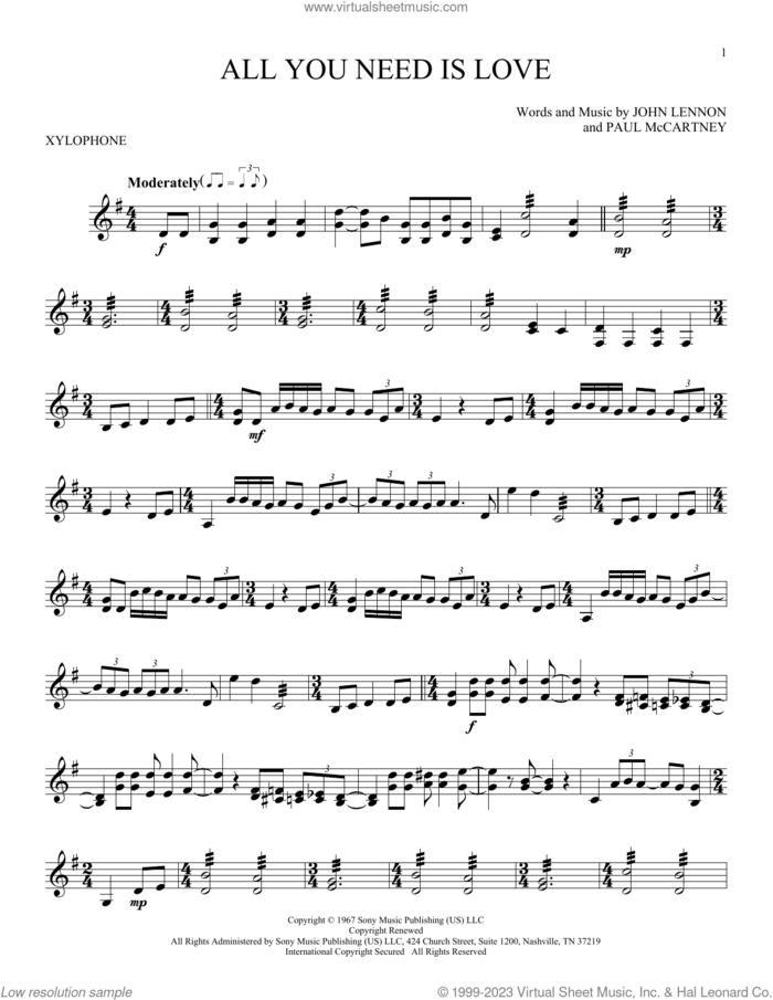 All You Need Is Love sheet music for Xylophone Solo (xilofone, xilofono, silofono) by The Beatles, John Lennon and Paul McCartney, intermediate skill level
