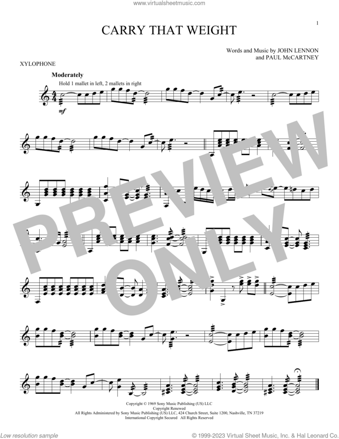 Carry That Weight sheet music for Xylophone Solo (xilofone, xilofono, silofono) by The Beatles, John Lennon and Paul McCartney, intermediate skill level