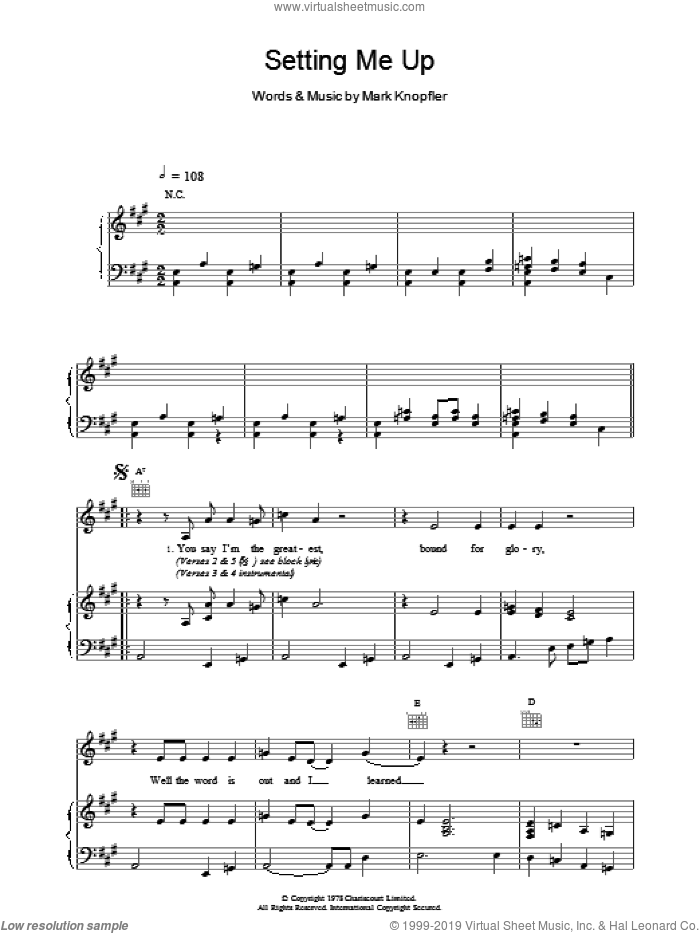Setting Me Up sheet music for voice, piano or guitar by Dire Straits, intermediate skill level