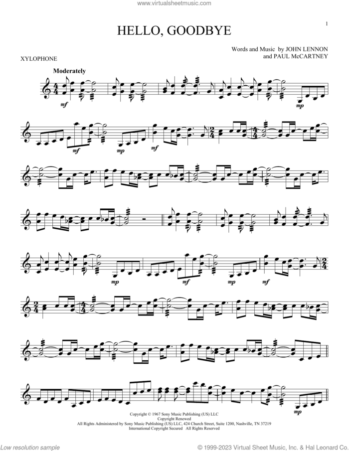 Hello, Goodbye sheet music for Xylophone Solo (xilofone, xilofono, silofono) by The Beatles, John Lennon and Paul McCartney, intermediate skill level