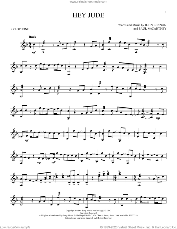 Hey Jude sheet music for Xylophone Solo (xilofone, xilofono, silofono) by The Beatles, John Lennon and Paul McCartney, intermediate skill level