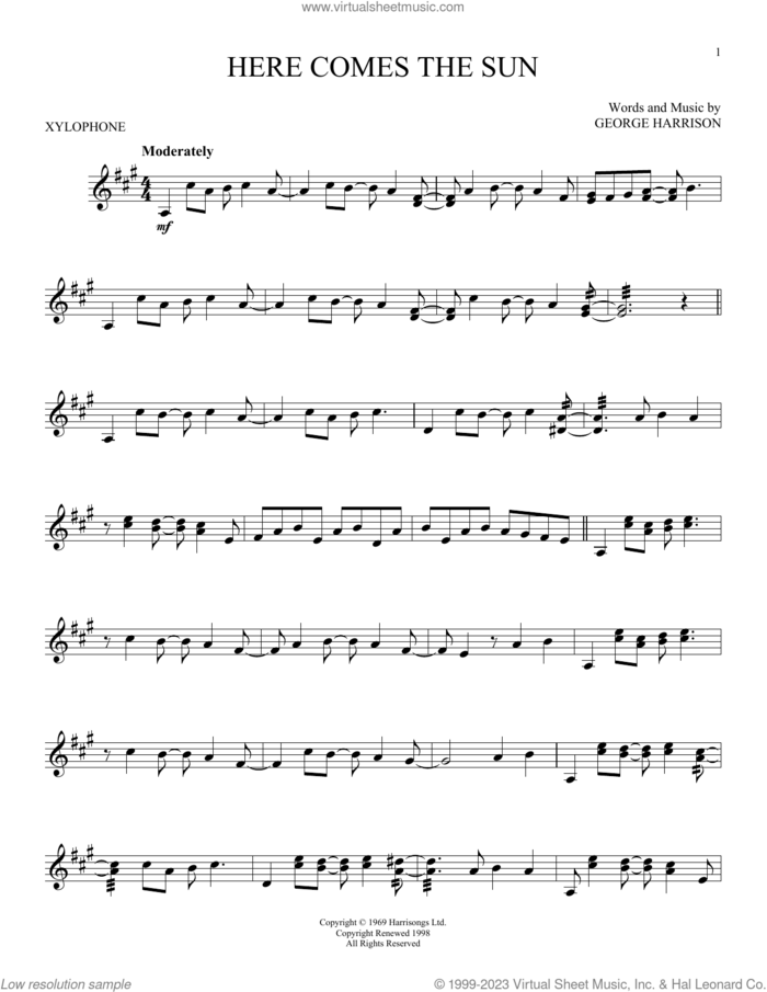 Here Comes The Sun sheet music for Xylophone Solo (xilofone, xilofono, silofono) by The Beatles and George Harrison, intermediate skill level