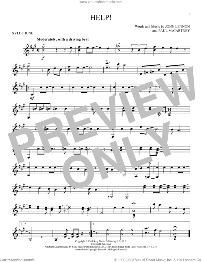 Help! sheet music for Xylophone Solo (xilofone, xilofono, silofono) by The Beatles, John Lennon and Paul McCartney, intermediate skill level