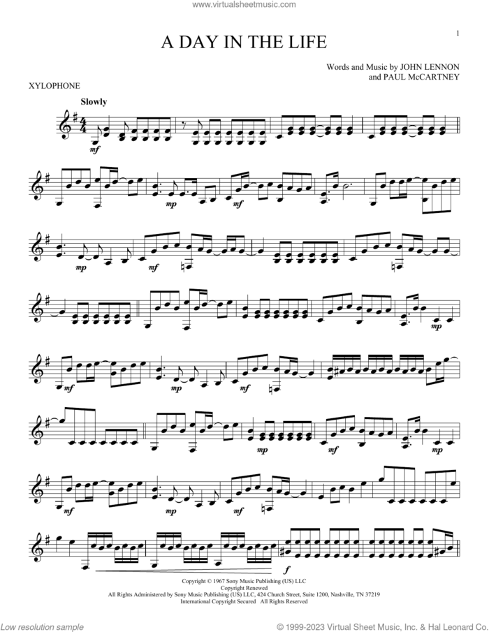 A Day In The Life sheet music for Xylophone Solo (xilofone, xilofono, silofono) by The Beatles, John Lennon and Paul McCartney, intermediate skill level