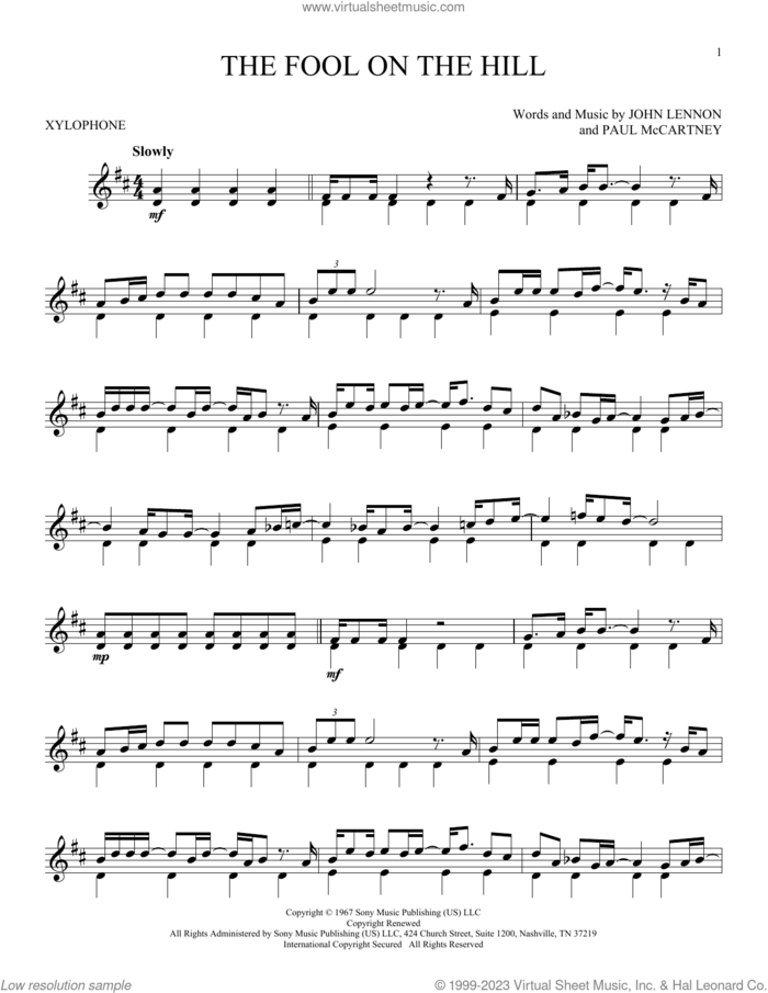 The Fool On The Hill sheet music for Xylophone Solo (xilofone, xilofono, silofono) by The Beatles, John Lennon and Paul McCartney, intermediate skill level