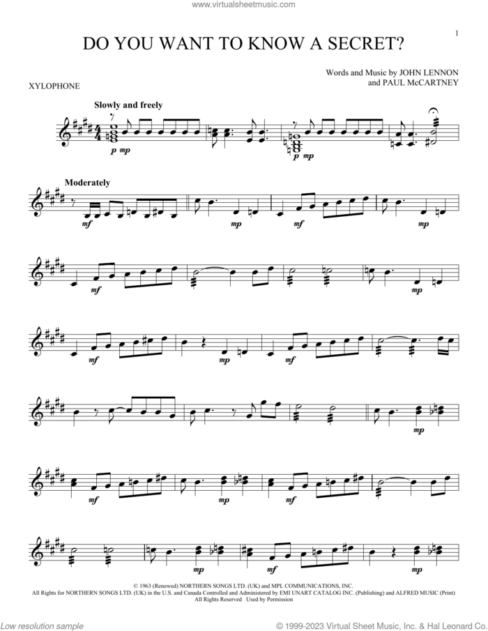 Do You Want To Know A Secret? sheet music for Xylophone Solo (xilofone, xilofono, silofono) by The Beatles, John Lennon and Paul McCartney, intermediate skill level