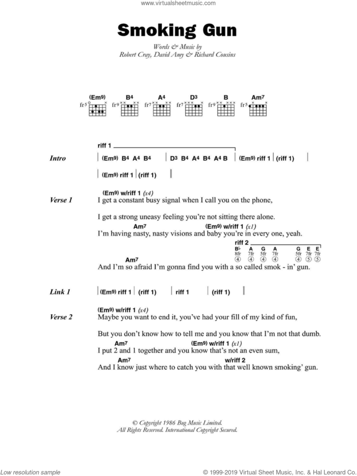 Smoking Gun sheet music for guitar (chords) by Robert Cray, David Amy and Richard Cousins, intermediate skill level