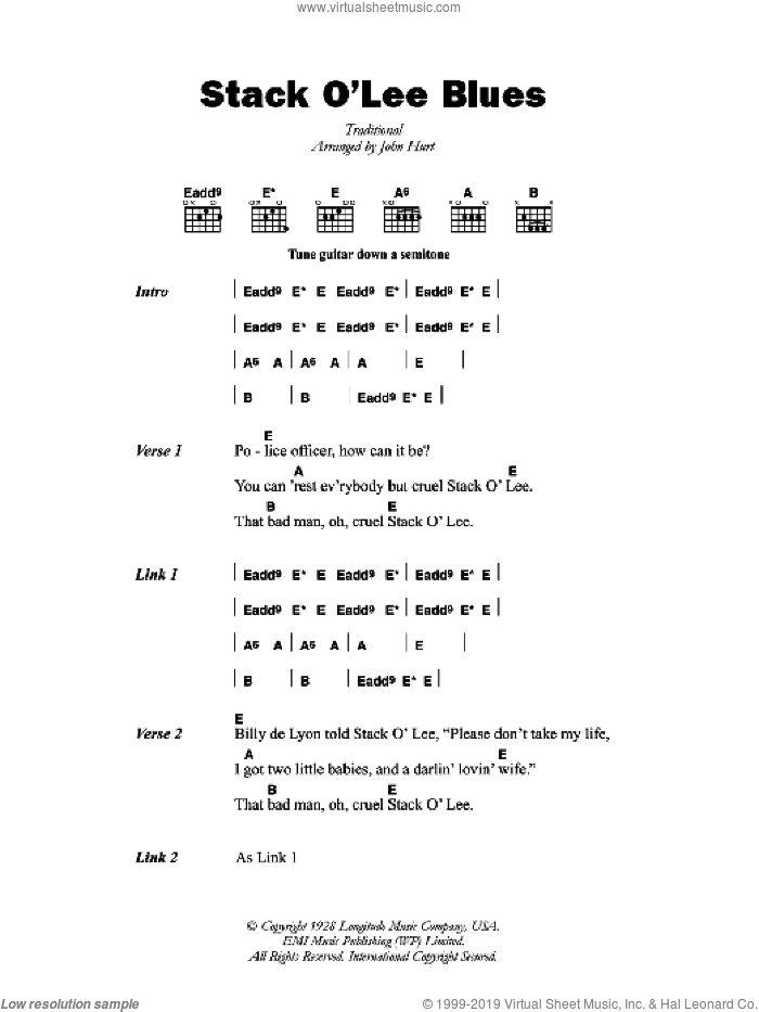 Stack O' Lee Blues sheet music for guitar (chords) by Mississippi John Hurt, John Hurt and Miscellaneous, intermediate skill level