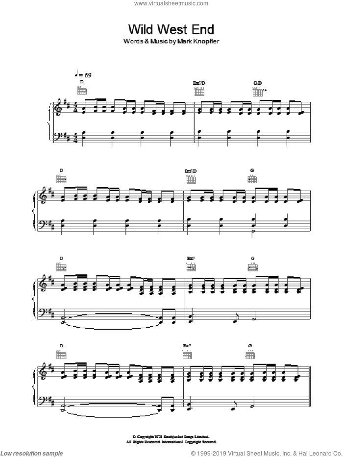 Wild West End sheet music for voice, piano or guitar by Dire Straits, intermediate skill level