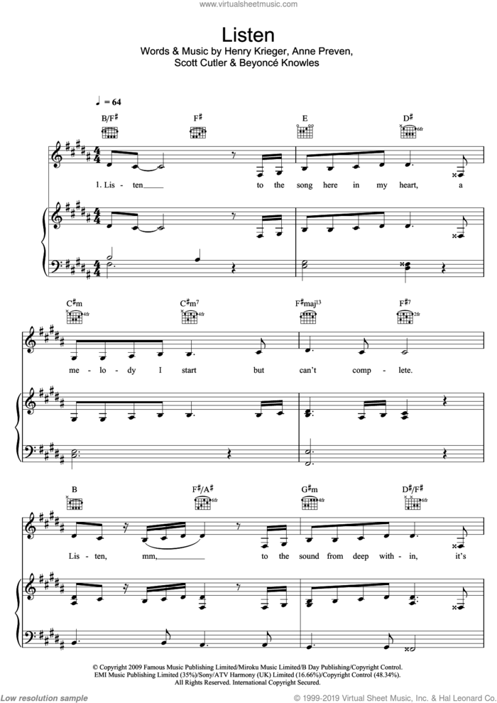 Listen (from Dreamgirls) sheet music for voice, piano or guitar by Beyonce, Anne Preven, Beyonce Knowles, Henry Krieger and Scott Cutler, intermediate skill level