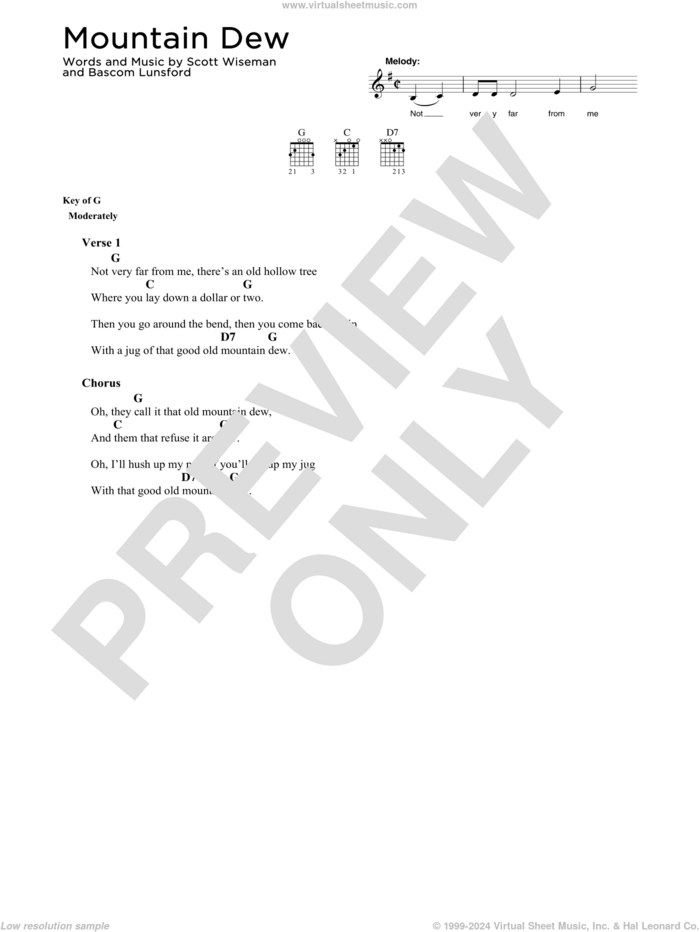 Mountain Dew sheet music for guitar solo by Bascom Lunsford and Scott Wiseman, intermediate skill level