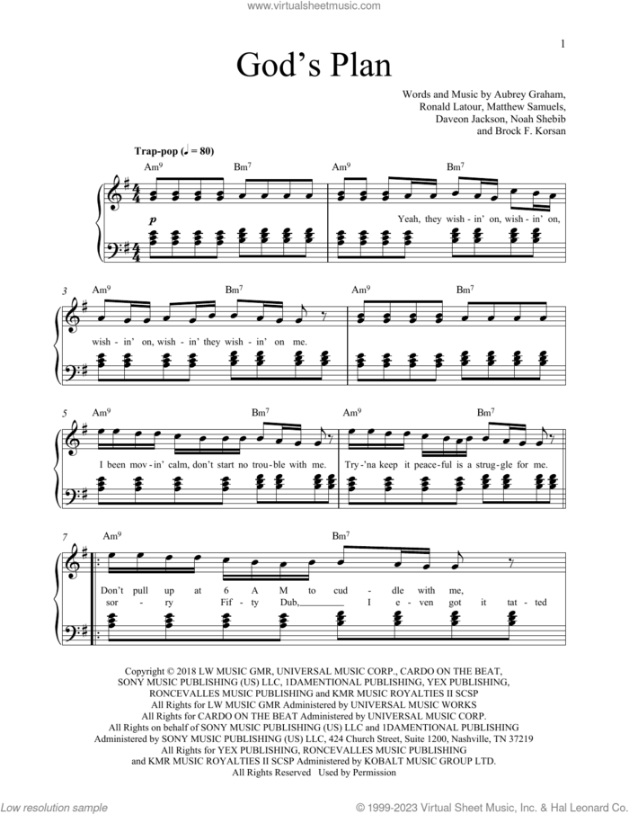 God's Plan sheet music for piano solo by Drake, Aubrey Graham, Brock F. Korsan, Daveon Jackson, Matthew Samuels, Noah Shebib and Ronald Latour, easy skill level