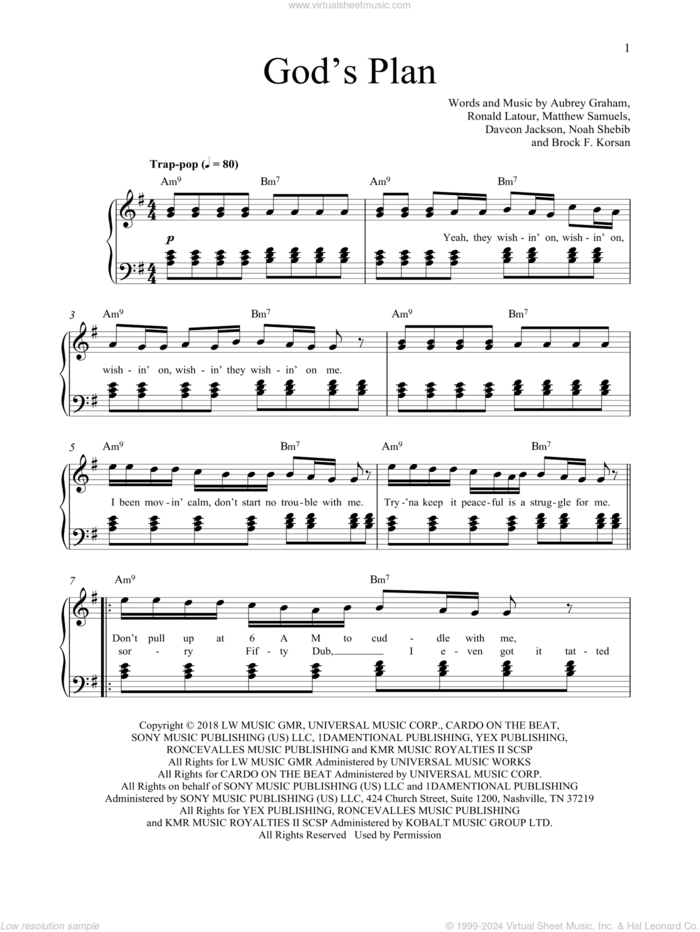 God's Plan sheet music for piano solo by Drake, Aubrey Graham, Brock F. Korsan, Daveon Jackson, Matthew Samuels, Noah Shebib and Ronald Latour, easy skill level