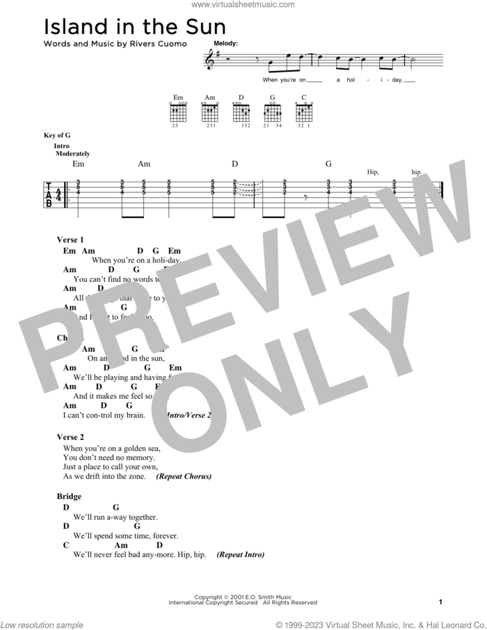 Island In The Sun sheet music for guitar solo by Weezer and Rivers Cuomo, intermediate skill level