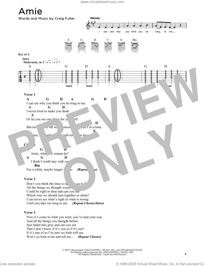 Amie sheet music for guitar (chords) by Pure Prairie League and Craig Fuller, intermediate skill level